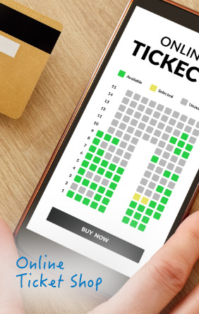 Mobiltelefon das eine grafische Sitzplatzreservierung zeigt. Überschrift: Online Ticket Shop.